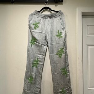 Zara Light Gray Joggers with Green Leaf Design